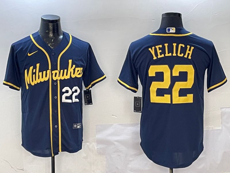 Men Milwaukee Brewers #22 Yelich Drak Blue Game 2025 Nike MLB Jersey style 2